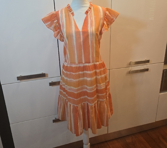 WILLA STORY Ruffled Cotton Peasant Boho Striped Dress Peachy Orange Size Large - Picture 1 of 12
